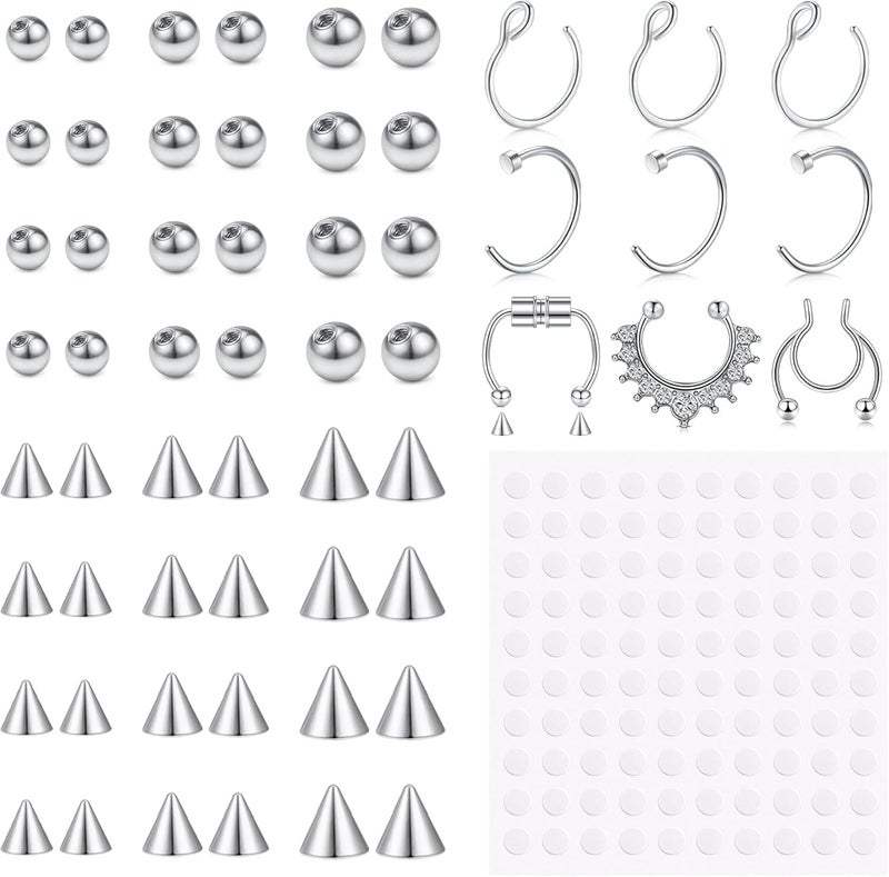 JFORYOU Fake Eyebrow Ring Fake Lip Labret Studs Replacement Balls Spike with 100pcs Sticker Non-Piercing Body Jewelry Fake Skin Piercing - Image 1